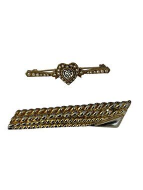 Vintage Heart Brooch Pearl Rhinestone Gold Tone + Two Tone Textured Bar Pin Set